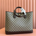OPHIDIA MEDIUM TOTE BAG 38.5 BEIGE CANVAS AND BROWN CALFSKIN