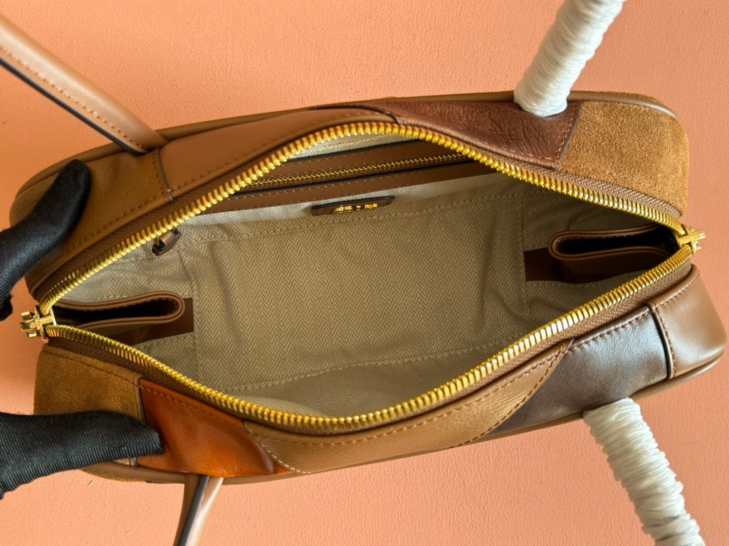BEAU TOP HANDLE BAG 28 IN COGNAC LEATHER PATCHWORK