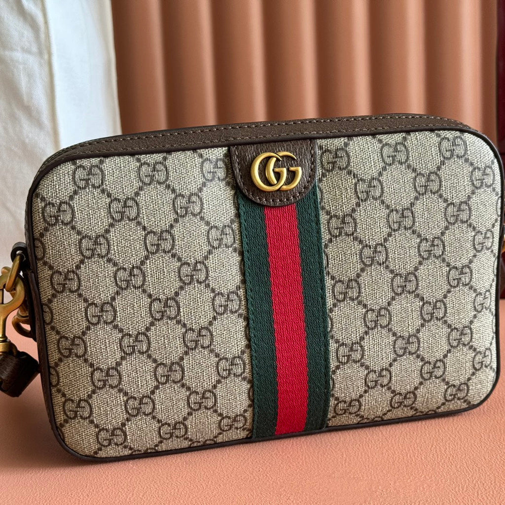GG OPHIDIA SMALL CROSSBODY BAG 24 IN BEIGE CANVAS AND BROWN CALFSKIN