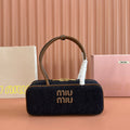 MIUMIU 25S BEAU DENIM BAG 28 IN DARK BLUE DENIM AND BROWN CALFSKIN