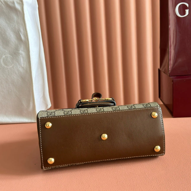 GUCCI 25S HORSEBIT 1955 MEDIUM SHOULDER BAG 22 CM IN DARK BEIGE CANVAS AND BROWN CALFSKIN WITH GOLD HARDWARE
