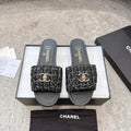 PLATFORM SLIPPERS LOGO IN BLACK TWEED AND LAMBSKIN