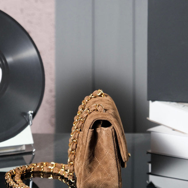 CHANEL 25S FLAP BAG 20 IN BROWN SUEDE WITH GOLD HARDWARE