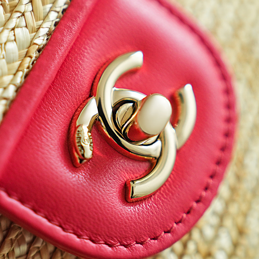 CHANEL 26S CLASSIC FLAP MEDIUM 23 IN NATURAL RAFFIA AND PINK CALFSKIN GOLD HARDWARE