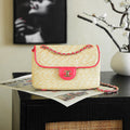 CHANEL 26S CLASSIC FLAP MEDIUM 23 IN NATURAL RAFFIA AND PINK CALFSKIN GOLD HARDWARE