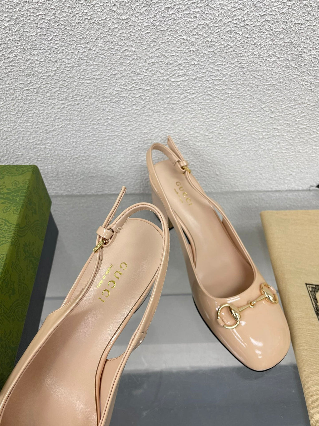 GG WOMEN'S HORSEBIT SLINGBACK 75MM IN TAN BEIGE CALFSKIN