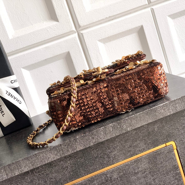 CHANEL 26S FLORAL SEQUIN CLASSIC FLAP 21 IN BROWN BRONZE SEQUIN GOLD HARDWARE