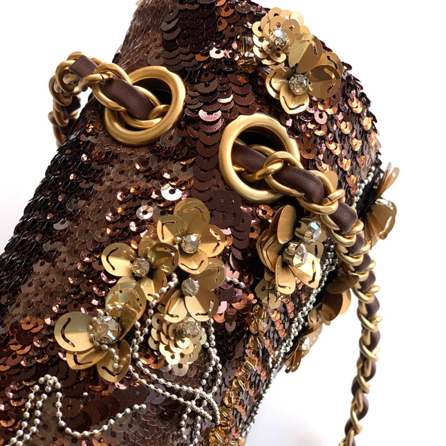 CHANEL 26S FLORAL SEQUIN CLASSIC FLAP 21 IN BROWN BRONZE SEQUIN GOLD HARDWARE