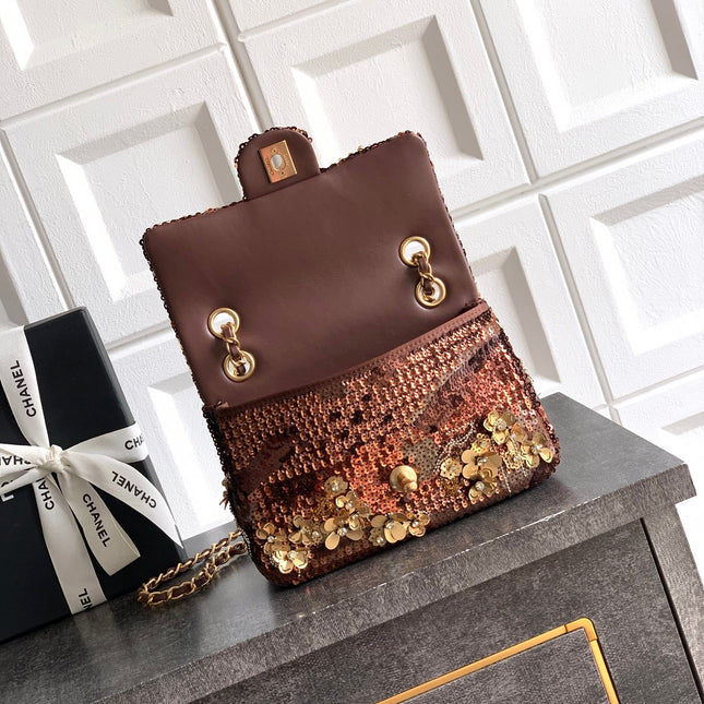 CHANEL 26S FLORAL SEQUIN CLASSIC FLAP 21 IN BROWN BRONZE SEQUIN GOLD HARDWARE