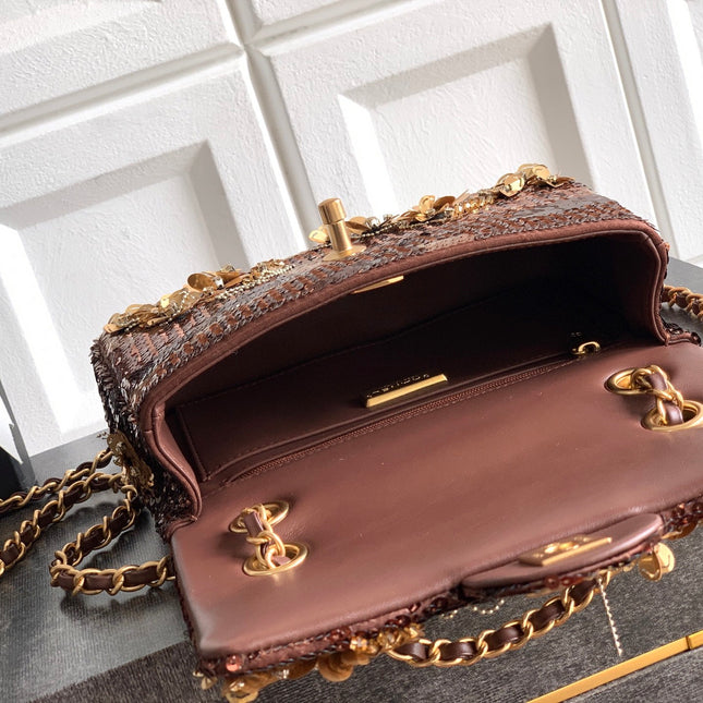 CHANEL 26S FLORAL SEQUIN CLASSIC FLAP 21 IN BROWN BRONZE SEQUIN GOLD HARDWARE