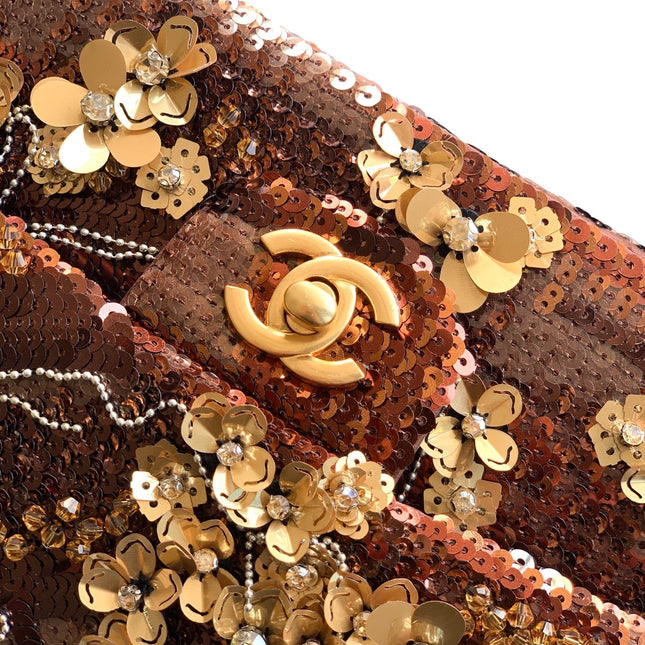CHANEL 26S CLASSIC FLAP 25 IN BROWN BRONZE SEQUIN GOLD HARDWARE