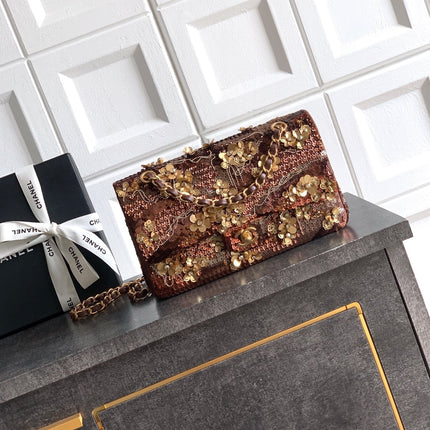 CHANEL 26S CLASSIC FLAP 25 IN BROWN BRONZE SEQUIN GOLD HARDWARE