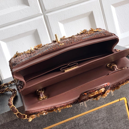 CHANEL 26S CLASSIC FLAP 25 IN BROWN BRONZE SEQUIN GOLD HARDWARE