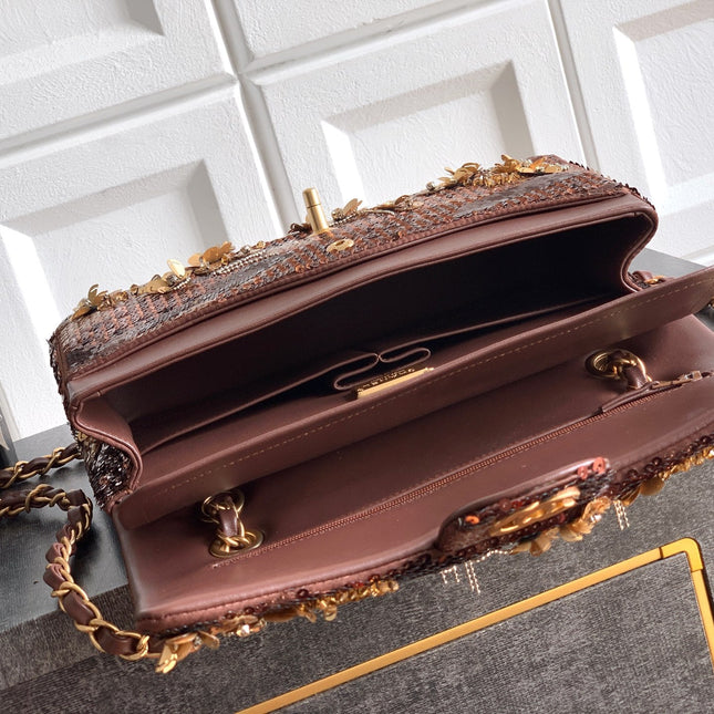 CHANEL 26S CLASSIC FLAP 25 IN BROWN BRONZE SEQUIN GOLD HARDWARE