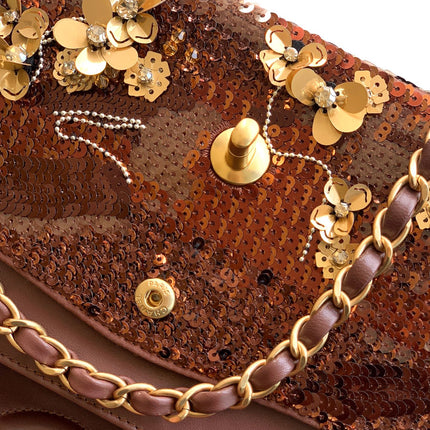 CHANEL 26S CLASSIC FLAP 25 IN BROWN BRONZE SEQUIN GOLD HARDWARE