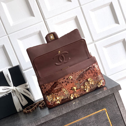 CHANEL 26S CLASSIC FLAP 25 IN BROWN BRONZE SEQUIN GOLD HARDWARE