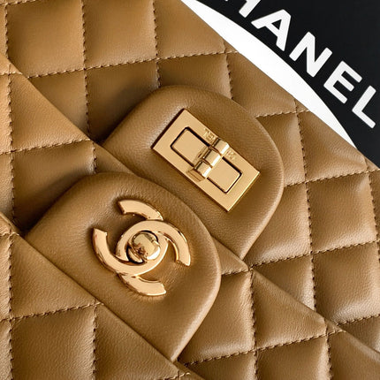 CHANEL 26S QUILTED CLASSIC FLAP MEDIUM BAG 25 IN KHAKI BROWN LAMBSKIN GOLD HARDWARE