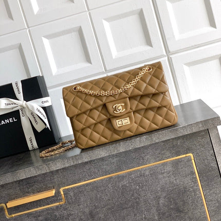 CHANEL 26S QUILTED CLASSIC FLAP MEDIUM BAG 25 IN KHAKI BROWN LAMBSKIN GOLD HARDWARE