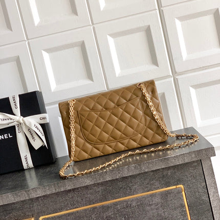 CHANEL 26S QUILTED CLASSIC FLAP MEDIUM BAG 25 IN KHAKI BROWN LAMBSKIN GOLD HARDWARE