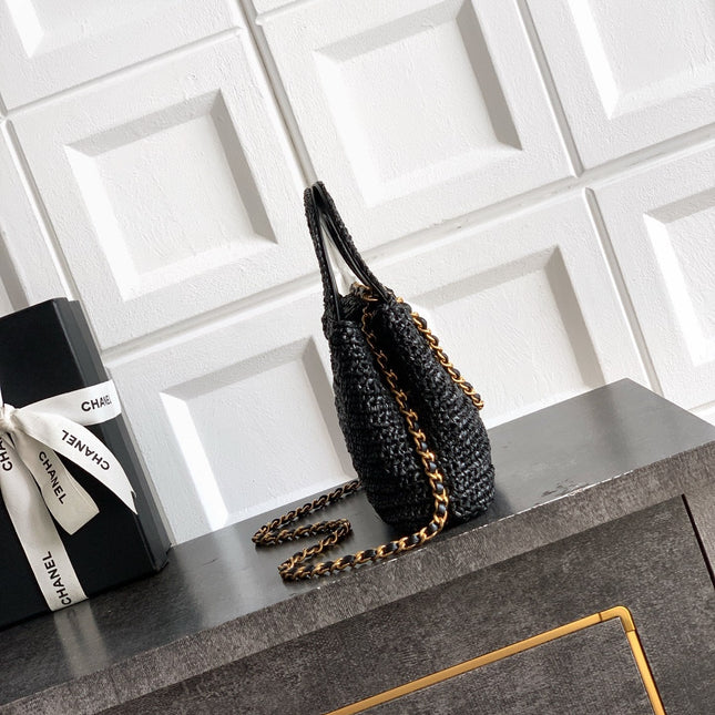 CHANEL 26S TOP HANDLE BAG 19 IN BLACK RAFFIA AND CALFSKIN GOLD HARDWARE