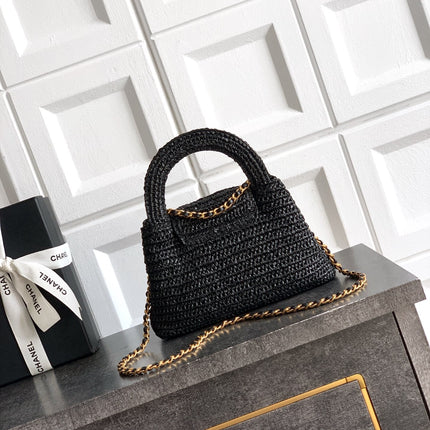 CHANEL 26S TOP HANDLE BAG 19 IN BLACK RAFFIA AND CALFSKIN GOLD HARDWARE