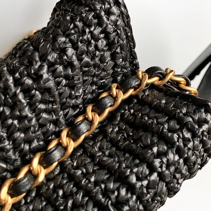 CHANEL 26S TOP HANDLE BAG 19 IN BLACK RAFFIA AND CALFSKIN GOLD HARDWARE