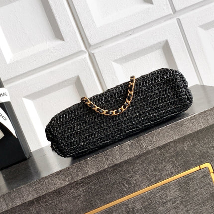 CHANEL 26S TOP HANDLE BAG 19 IN BLACK RAFFIA AND CALFSKIN GOLD HARDWARE