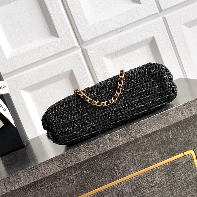 CHANEL 26S TOP HANDLE BAG 19 IN BLACK RAFFIA AND CALFSKIN GOLD HARDWARE