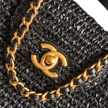 CHANEL 26S TOP HANDLE BAG 19 IN BLACK RAFFIA AND CALFSKIN GOLD HARDWARE