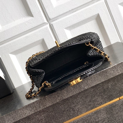 CHANEL 26S TOP HANDLE BAG 19 IN BLACK RAFFIA AND CALFSKIN GOLD HARDWARE