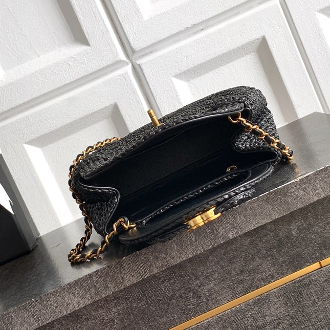 CHANEL 26S TOP HANDLE BAG 19 IN BLACK RAFFIA AND CALFSKIN GOLD HARDWARE