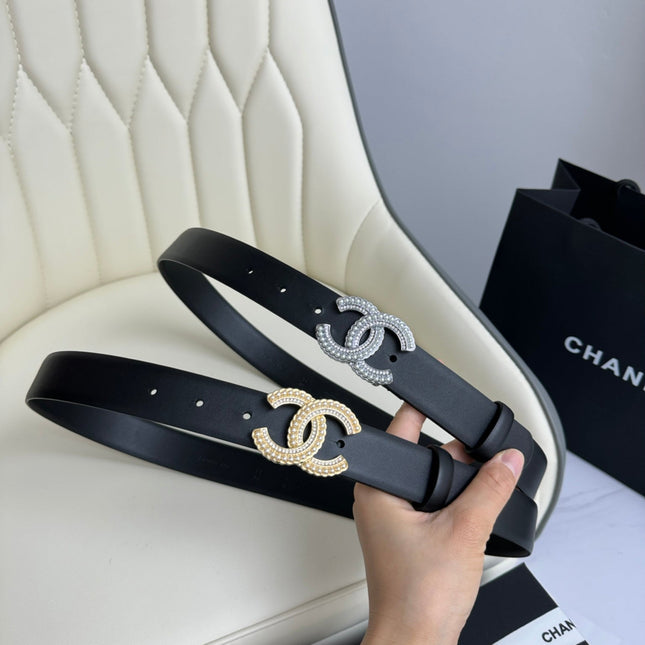 CC BELT 30MM IN BLACK SMOOTH CALFSKIN SILVER HARDWARE ATTACH PEARLS