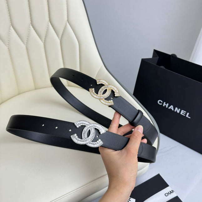 CC BELT 30MM IN BLACK SMOOTH CALFSKIN GOLD HARDWARE ATTACH RHINSTONE