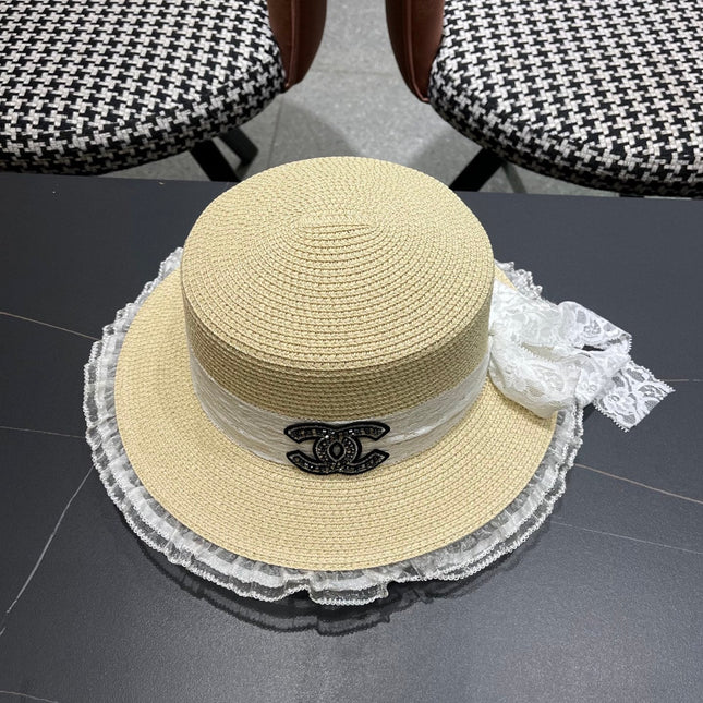 CHANEL 26S LACE & FLORAL TRIM STRAW HAT 337936