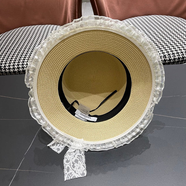 CHANEL 26S LACE & FLORAL TRIM STRAW HAT 337936