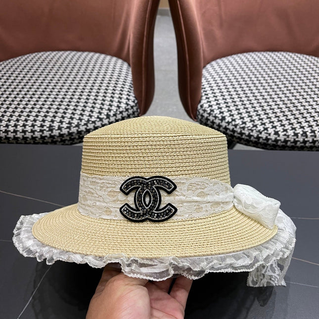CHANEL 26S LACE & FLORAL TRIM STRAW HAT 337936