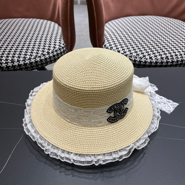 CHANEL 26S LACE & FLORAL TRIM STRAW HAT 337936