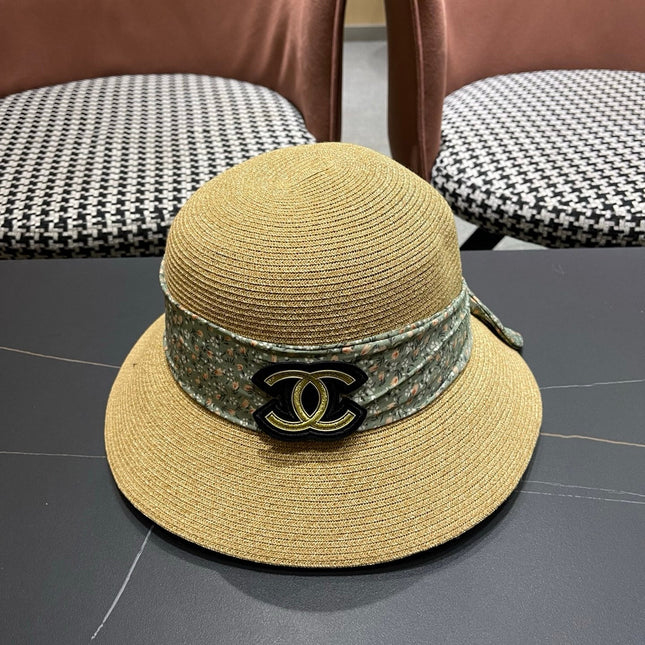 CHANEL 26S FLORAL RIBBON STRAW CLOCHE HAT 335747