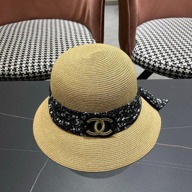 CHANEL 26S FLORAL RIBBON STRAW CLOCHE HAT 335746