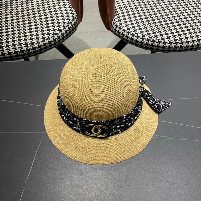 CHANEL 26S FLORAL RIBBON STRAW CLOCHE HAT 335746