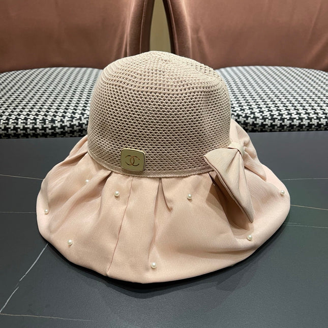 CHANEL 26S CHIFFON BOW & PEARL STRAW CLOCHE HAT 335759