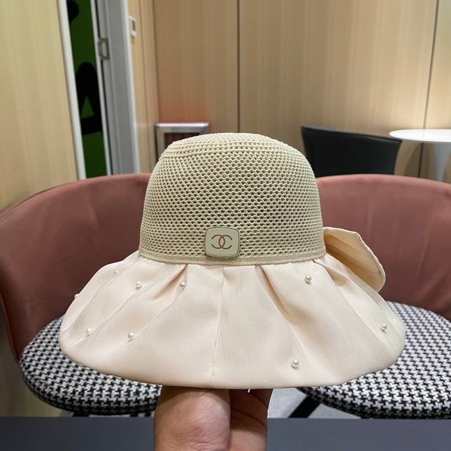 CHANEL 26S CHIFFON BOW & PEARL STRAW CLOCHE HAT 335758