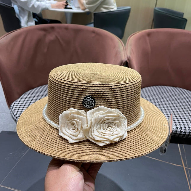 CHANEL 26S PEARL & ROSETTE STRAW BOATER HAT 337932