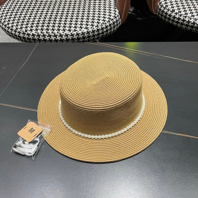 CHANEL 26S PEARL & ROSETTE STRAW BOATER HAT 337932