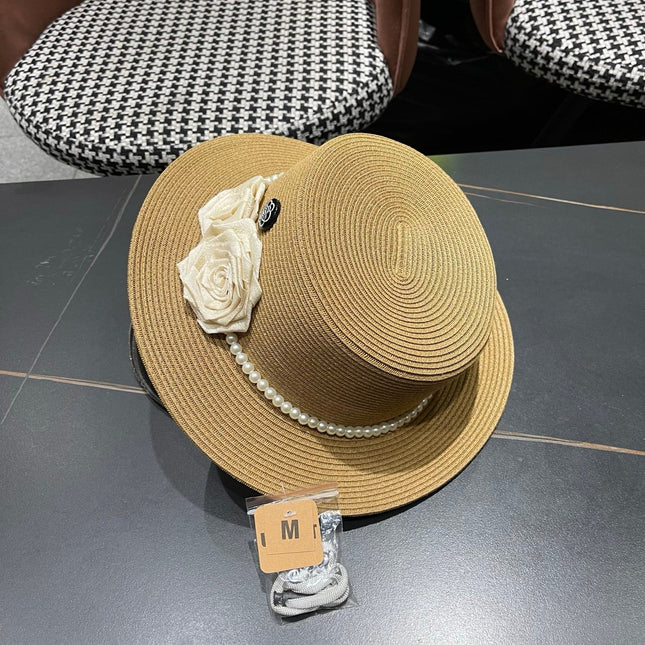 CHANEL 26S PEARL & ROSETTE STRAW BOATER HAT 337932