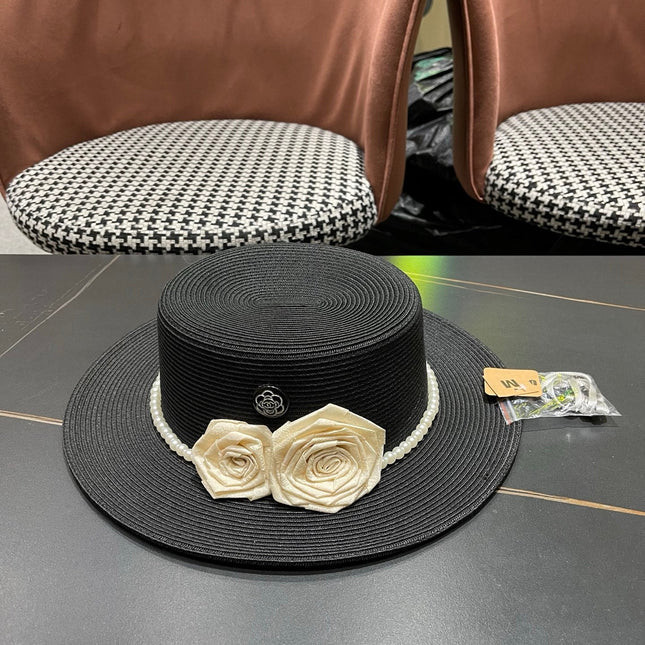 CHANEL 26S PEARL & ROSETTE STRAW BOATER HAT 337934