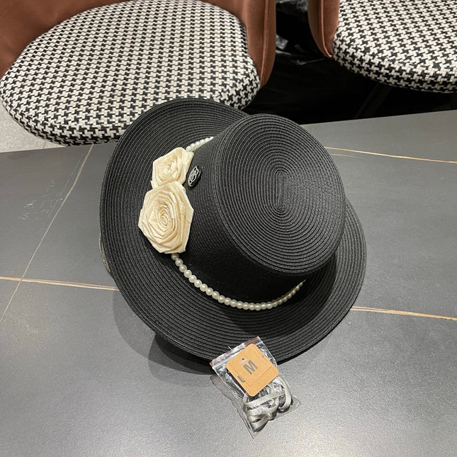 CHANEL 26S PEARL & ROSETTE STRAW BOATER HAT 337934