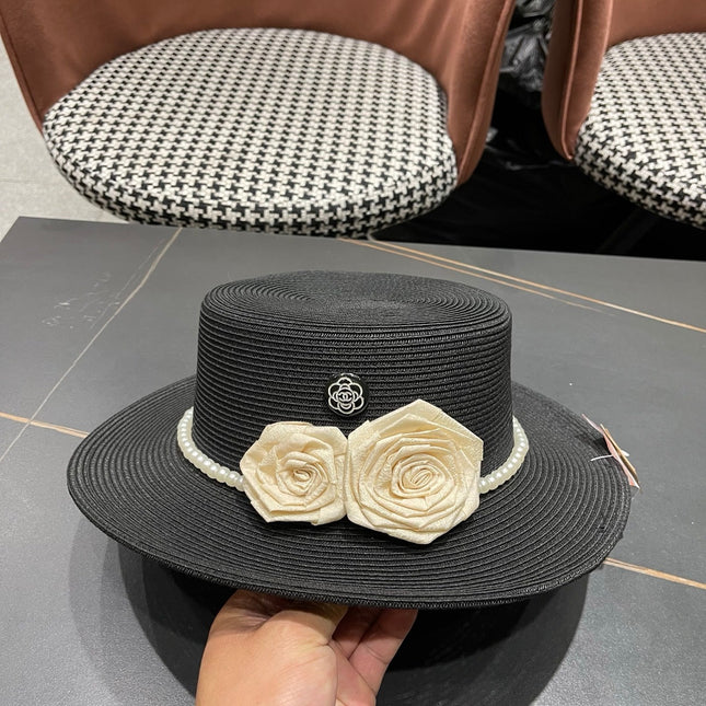 CHANEL 26S PEARL & ROSETTE STRAW BOATER HAT 337934