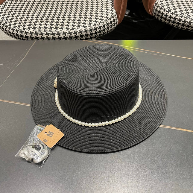 CHANEL 26S PEARL & ROSETTE STRAW BOATER HAT 337934