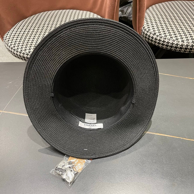 CHANEL 26S PEARL & ROSETTE STRAW BOATER HAT 337934